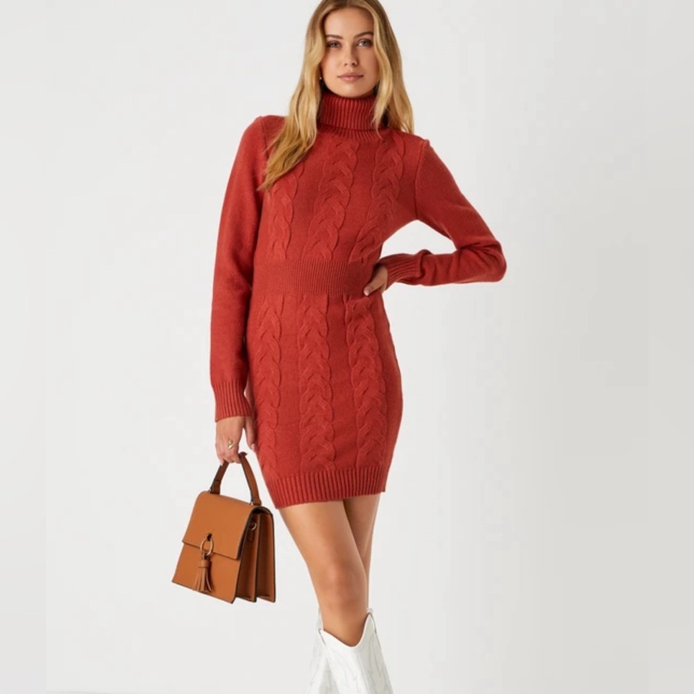 New without tags Plush Poise Burnt Orange Cable Knit Mini Sweater Dress - M